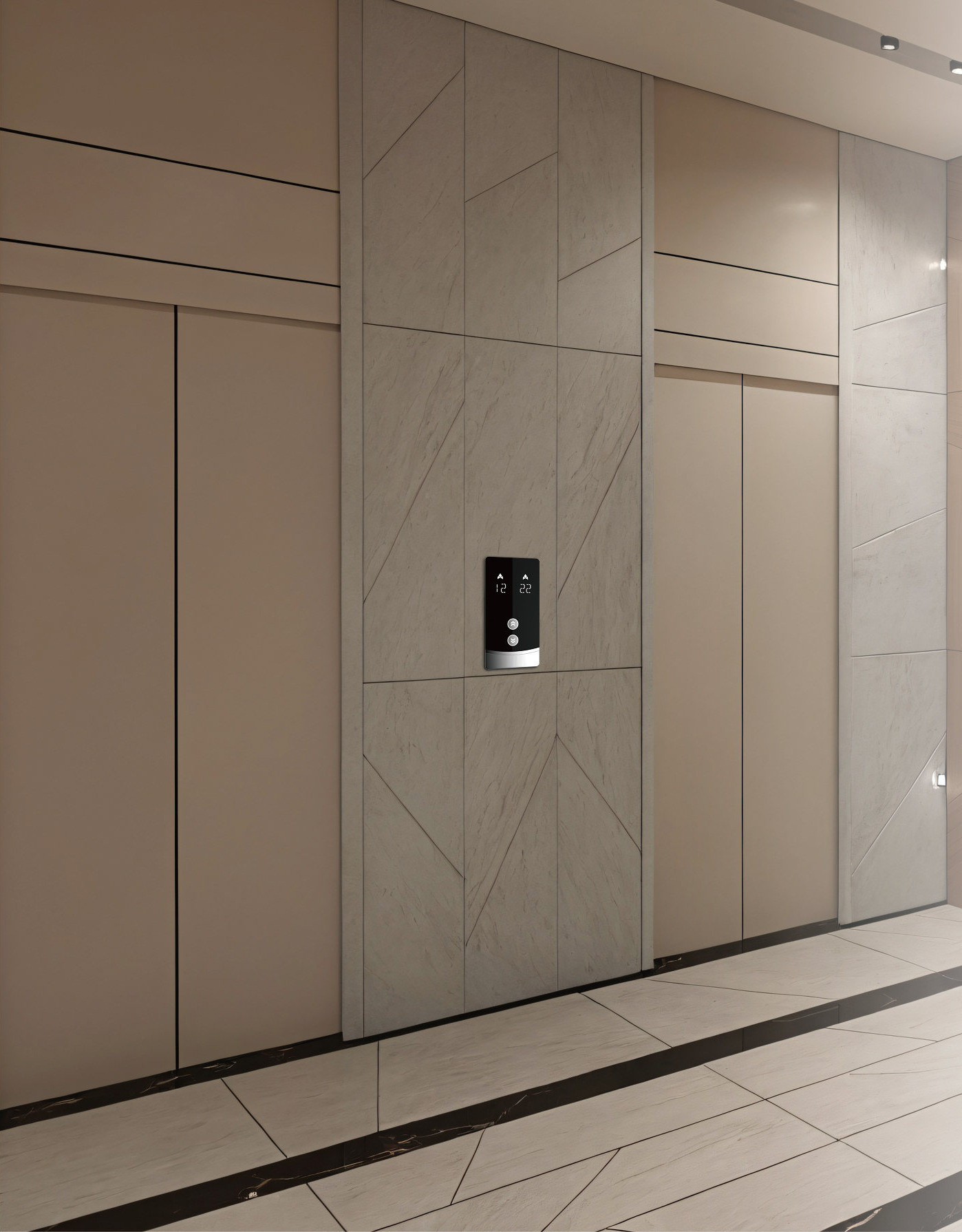 Referência arquitetônica de hall com portas de elevador integradas ao revestimento