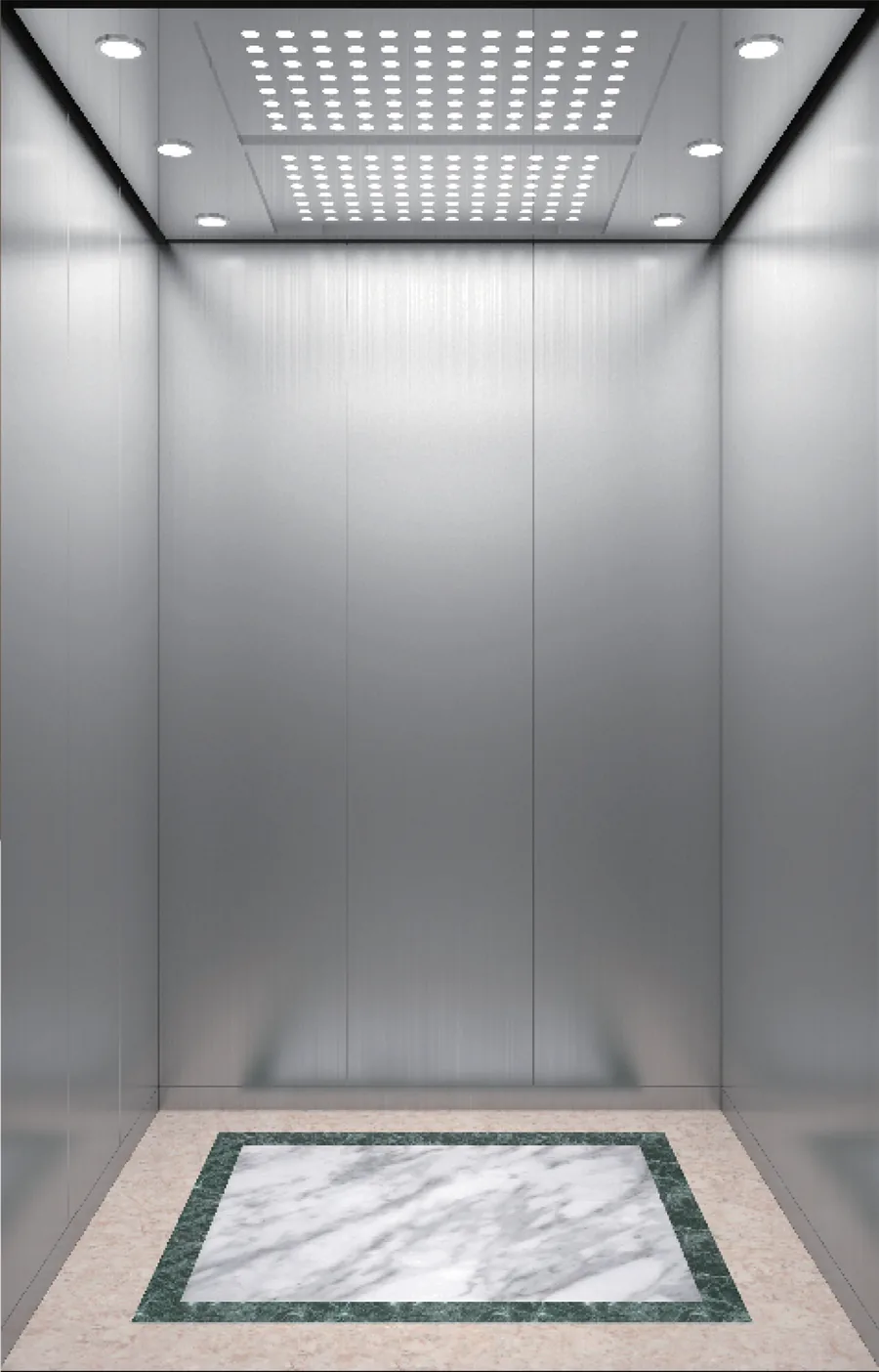 Interior de cabina de elevador em aço inoxidável escovado com teto iluminado por painel de acrílico