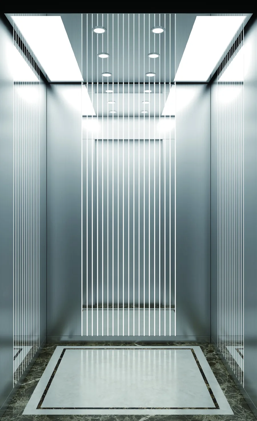 Interior de cabina de elevador com paredes em aço inoxidável gravado e espelho ao fundo